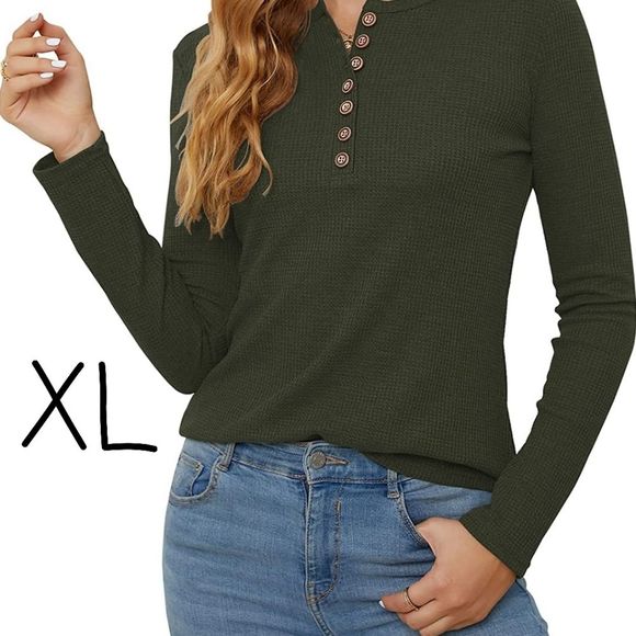 Waffle Knit Long Sleeve Blouse Slim Fit Button Down V Neck, army green XL - Picture 1 of 5